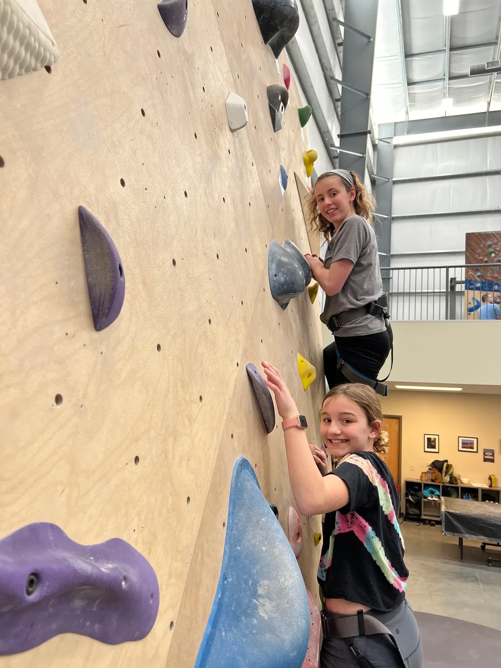 Just as much fun a second time - this time with friends and seasoned belayers! They were all fearless, but especially Gwen (who lit up when Clara mentioned that another facility has a kids climbing team).