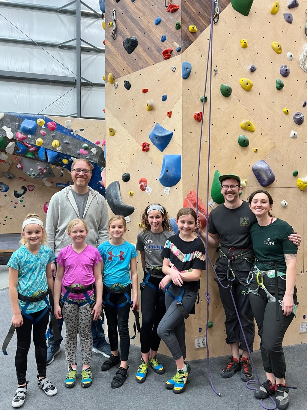 Just as much fun a second time - this time with friends and seasoned belayers! They were all fearless, but especially Gwen (who lit up when Clara mentioned that another facility has a kids climbing team).