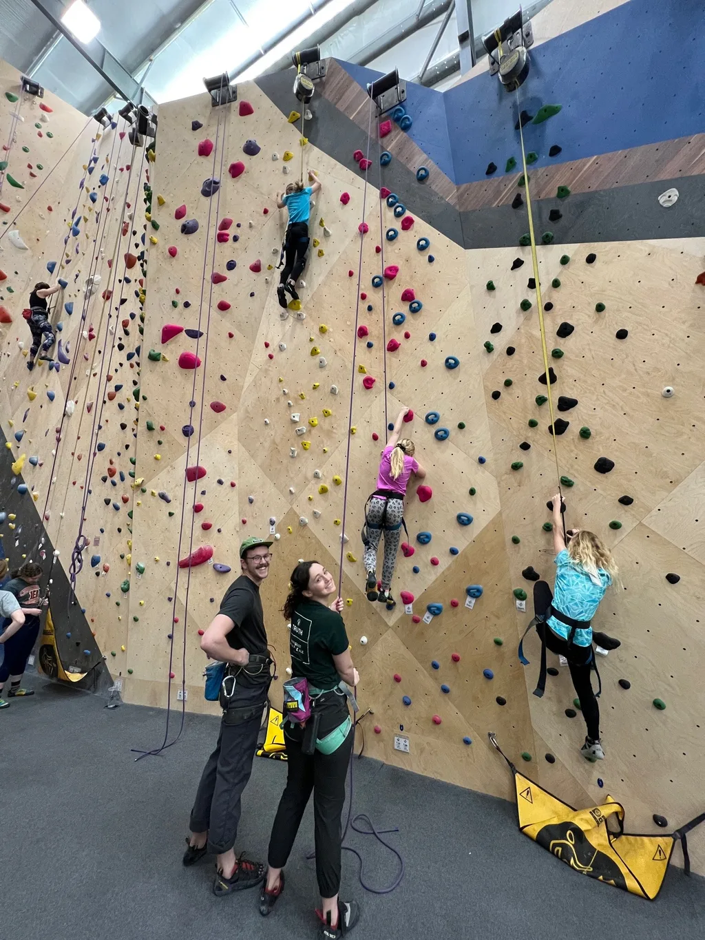 Just as much fun a second time - this time with friends and seasoned belayers! They were all fearless, but especially Gwen (who lit up when Clara mentioned that another facility has a kids climbing team).