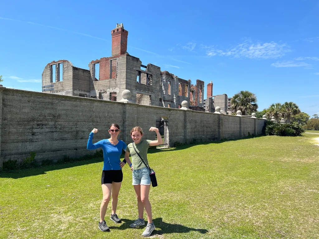 Cumberland Island 2022 vs. 2016 was so much better! By visiting in March instead of August, we were already likely to have a nicer time, and we did! We hiked over four miles, saw all of the major sites, and had a blast in the ocean. Everyone loved hunting for (stinky) shells on the desolate ocean side, seeing wild horses on the beach, and exploring the ruins. We missed seeing manatees at the dock this time, but loved the ferry boat ride (esp. Gwen) and seeing dolphins.