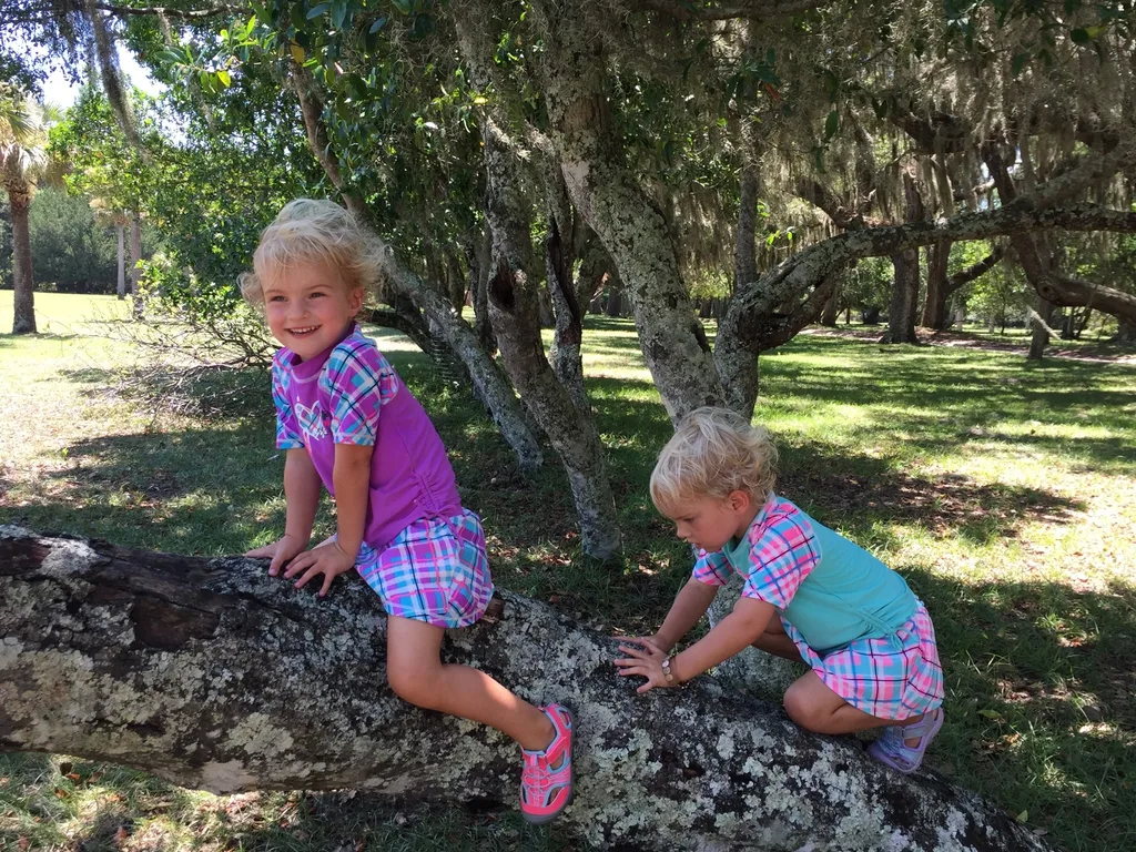 Cumberland Island 2022 vs. 2016 was so much better! By visiting in March instead of August, we were already likely to have a nicer time, and we did! We hiked over four miles, saw all of the major sites, and had a blast in the ocean. Everyone loved hunting for (stinky) shells on the desolate ocean side, seeing wild horses on the beach, and exploring the ruins. We missed seeing manatees at the dock this time, but loved the ferry boat ride (esp. Gwen) and seeing dolphins.