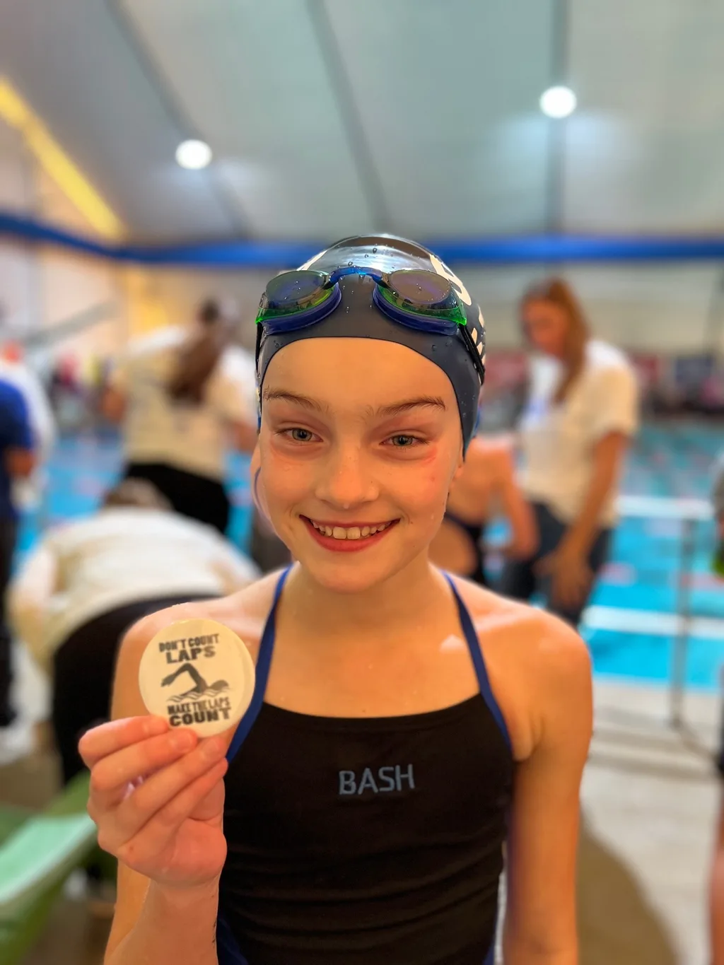 We have a swimmer girl! I love this message she sent John after her meet: “The swim meet was very fun I shaved off 21 seconds in total I won three races but on the Board Eden’s time came up one 1 millisecond before mine and I checked on meet mobile and I was a whole second ahead of her! I beat Abby’s IM time and her 50 free time! I have accomplished my goal, beating Susan in my 50 free. I also got two pins for winning two heats one says don’t count laps make the laps count. The other is really funny and says a day without swimming is like a day just kidding I don’t know.”